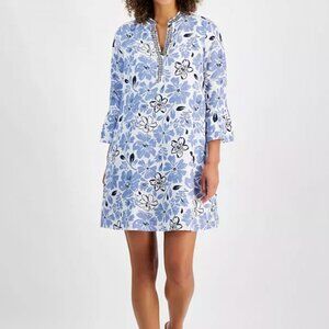 Charter Club Luxury 100% Linen Petite Embellished Mini Dress 3/4 Sleeve Summer